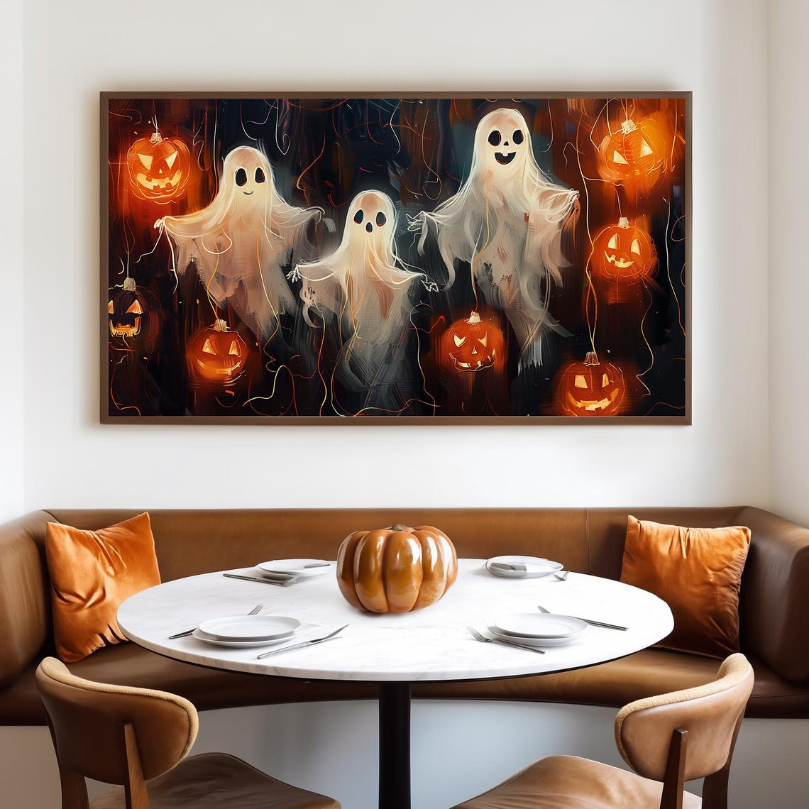 Three Friendly Ghosts Dancing Among Glowing Pumpkin Lanterns Poster - Image 4