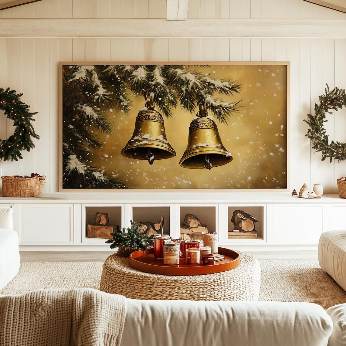 Two Gold Christmas Bells Hanging from a Snowy Pine Branch Poster - Image 5