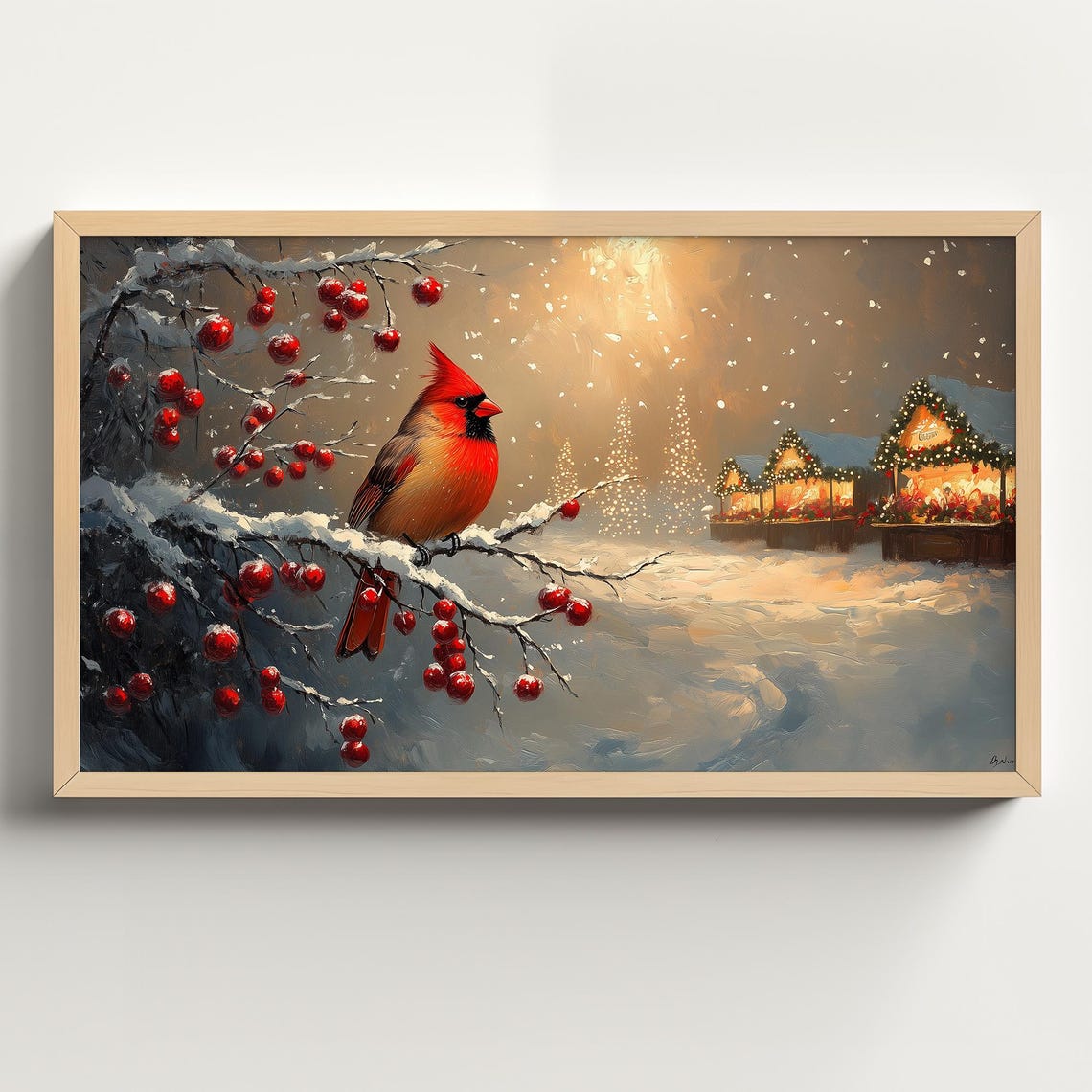 Red Cardinal On Snowy Berry Branch Christmas Market Glow Poster