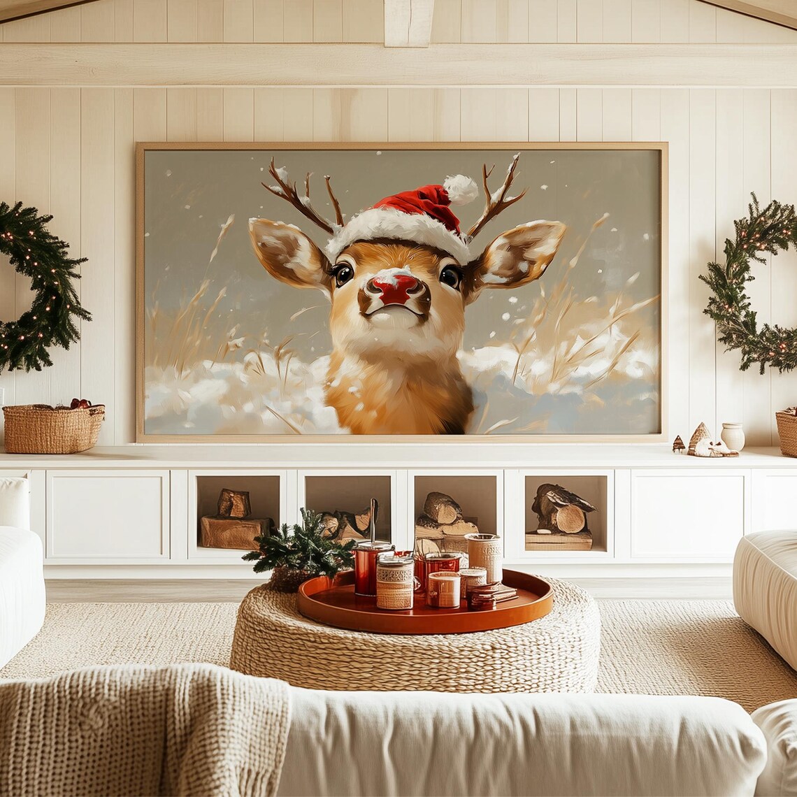 Baby Reindeer Wearing Santa Hat With Red Nose Cute Christmas Poster - Image 3