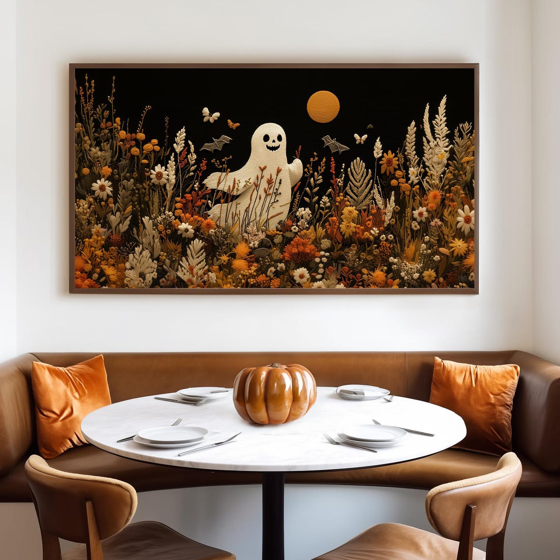 Cute Ghost Among Autumn Wildflowers Under Orange Moonlit Night Poster - Image 4