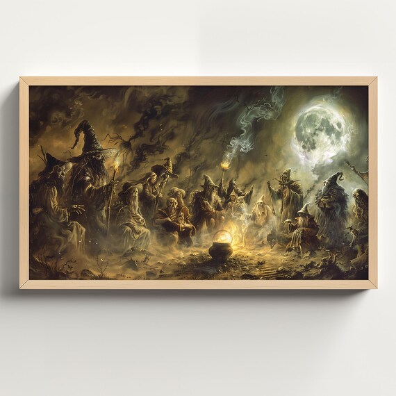 Coven of Wizards and Witches Casting Spells Around Cauldron Poster