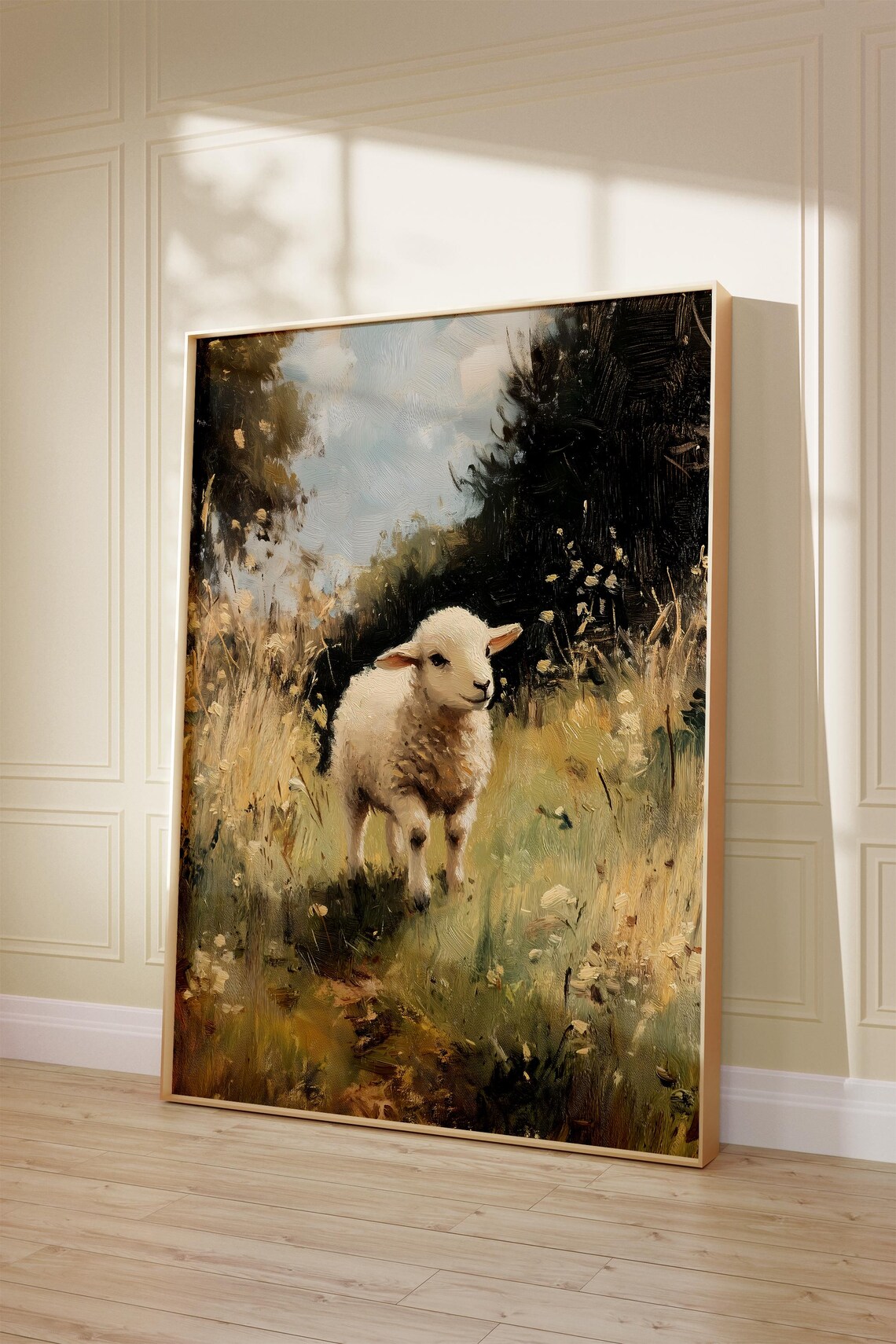 Lamb In Wildflower Meadow Impressionist Oil Painting Farm Art Poster