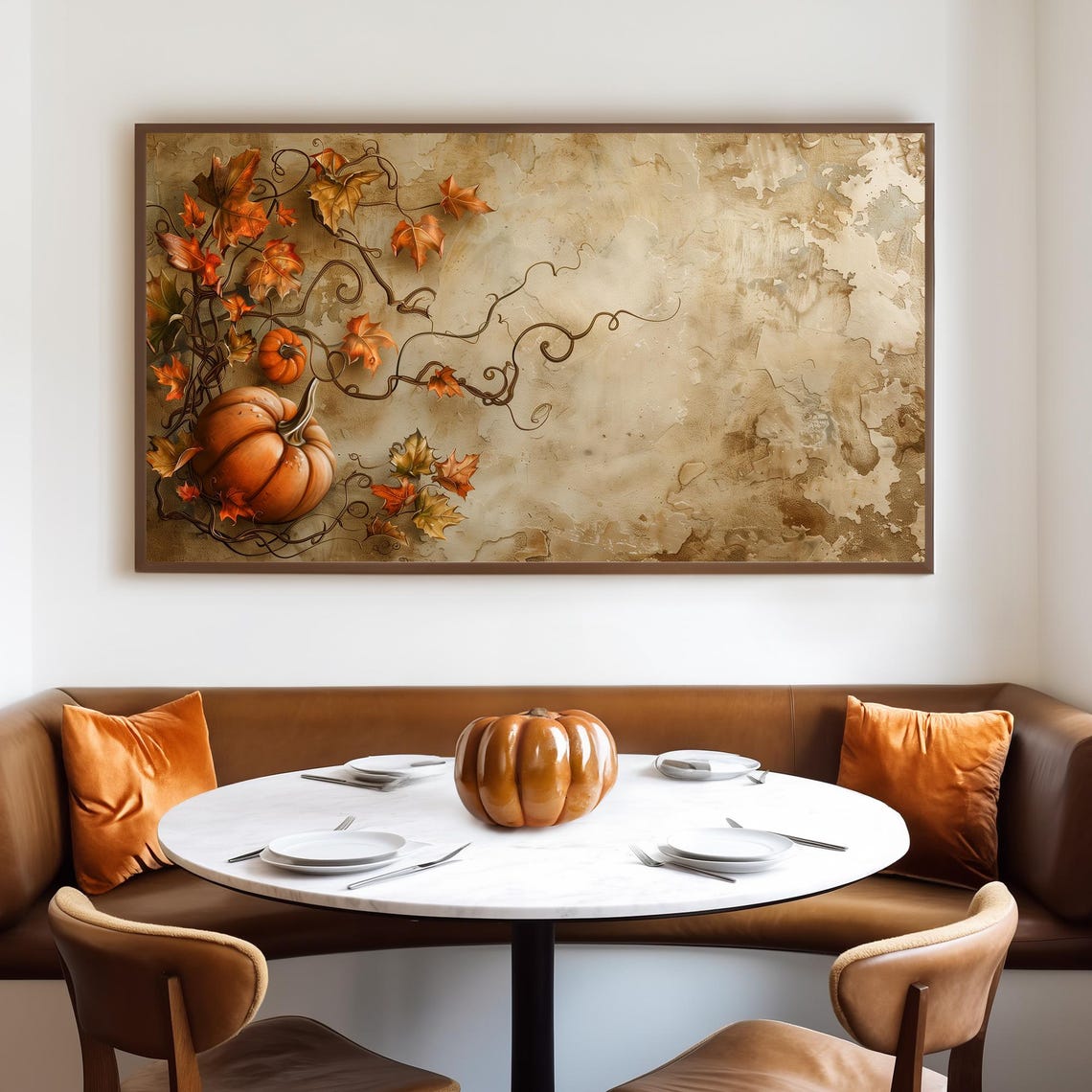 Orange Pumpkin and Trailing Autumn Vines on Neutral Plaster Poster - Image 4