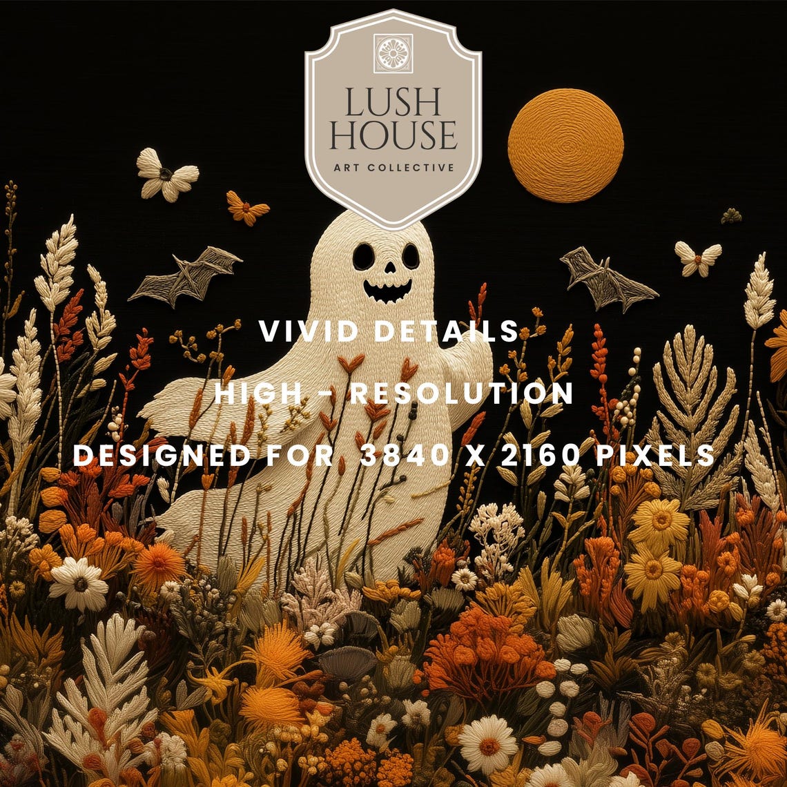 Cute Ghost Among Autumn Wildflowers Under Orange Moonlit Night Poster - Image 3