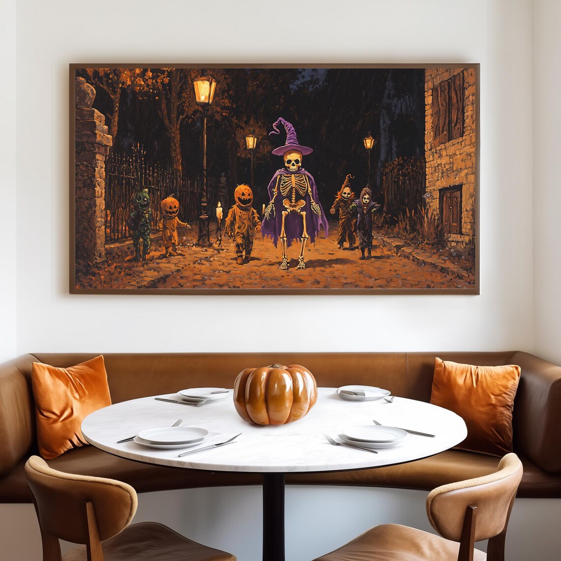 Skeleton Kids Trick or Treating on Lamplit Street Halloween Night Poster - Image 4