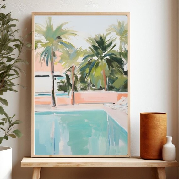 Palm Springs Style Pool And Palm Trees Pastel Summer Painting Poster