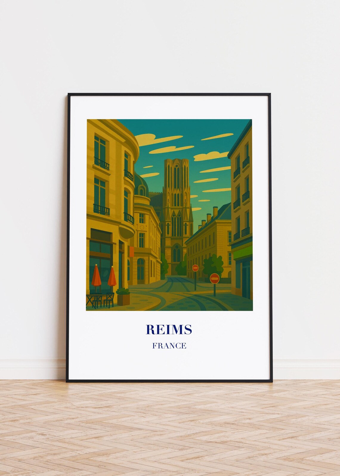 Reims France Old Town Cathedral Street Vintage Travel Poster