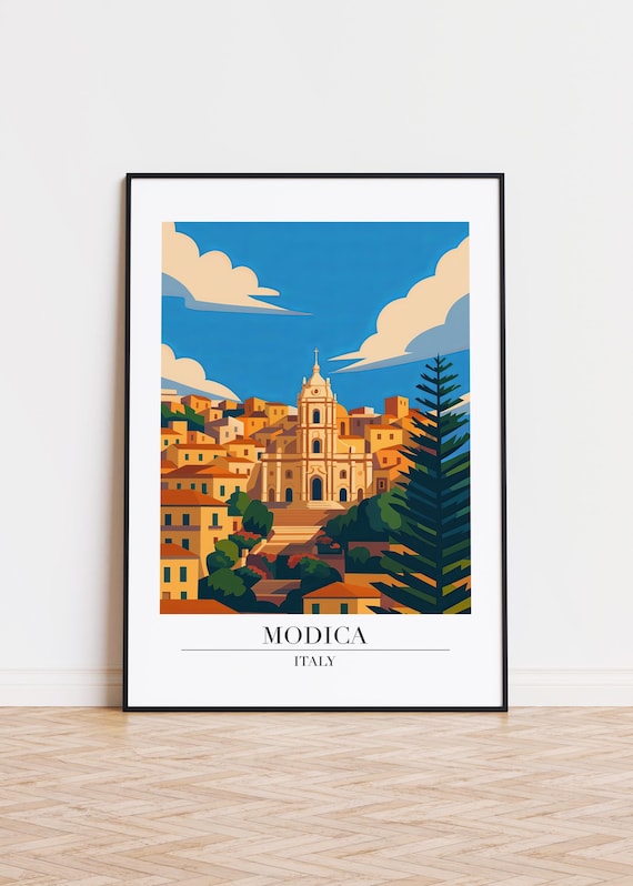 Modica Italy Baroque Church and Old Town Hillside Sicily Travel Poster