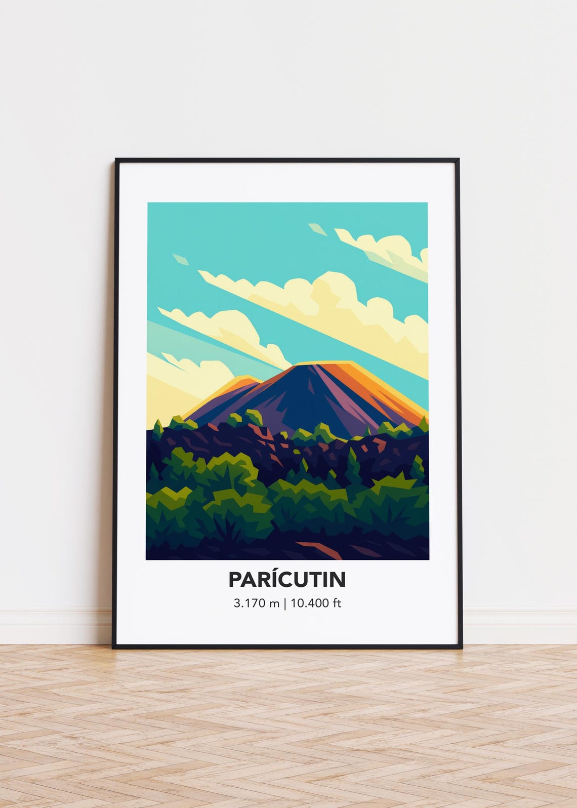 Paricutin Volcano Illustration Poster Mexico Cinder Cone Forest Art