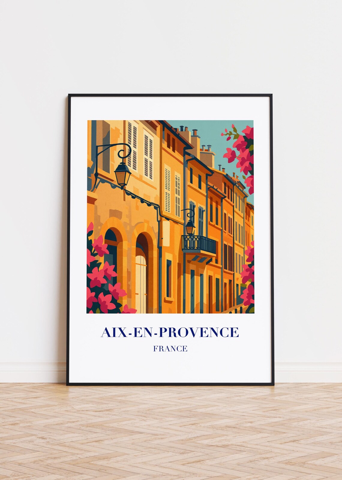 Aix-en-Provence France Ochre Street Pink Blossoms Travel Poster