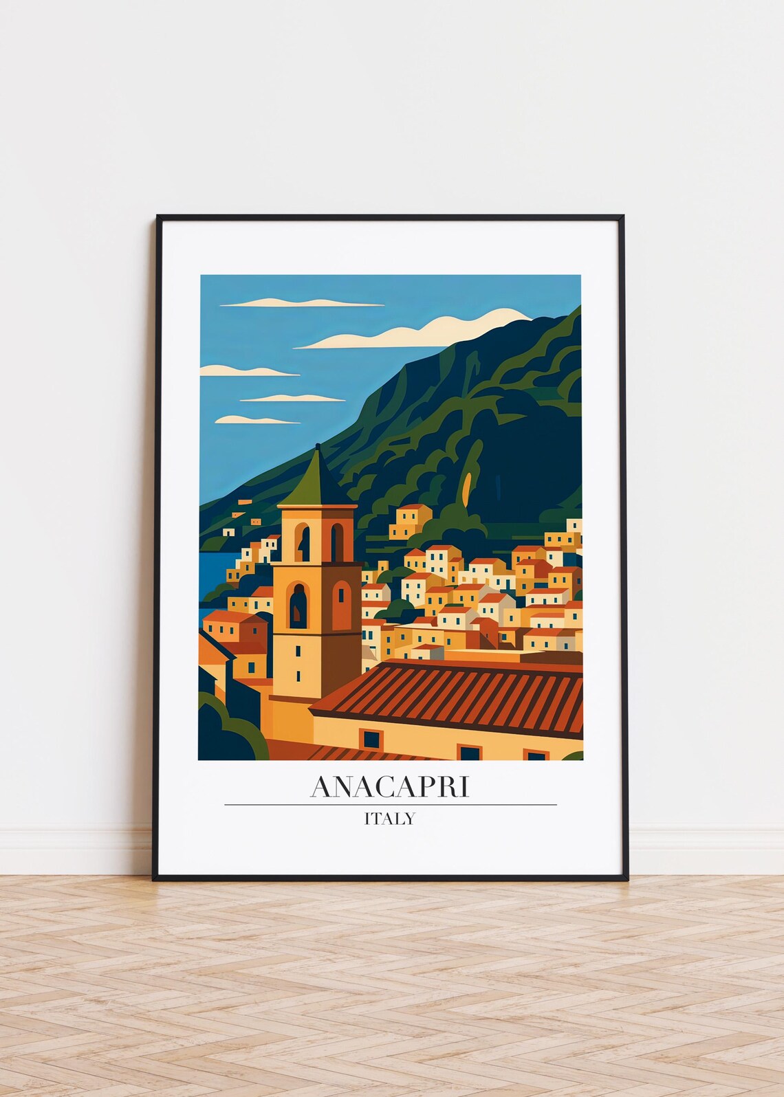 Anacapri Italy Hillside Village with Bell Tower Travel Poster