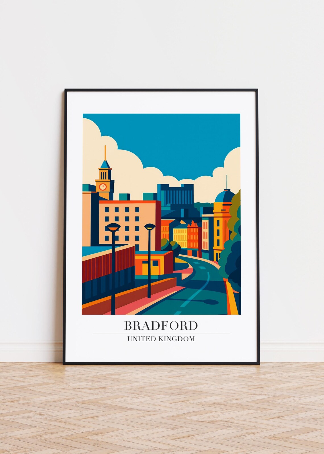 Bradford United Kingdom Colorful City Skyline Clock Tower Poster