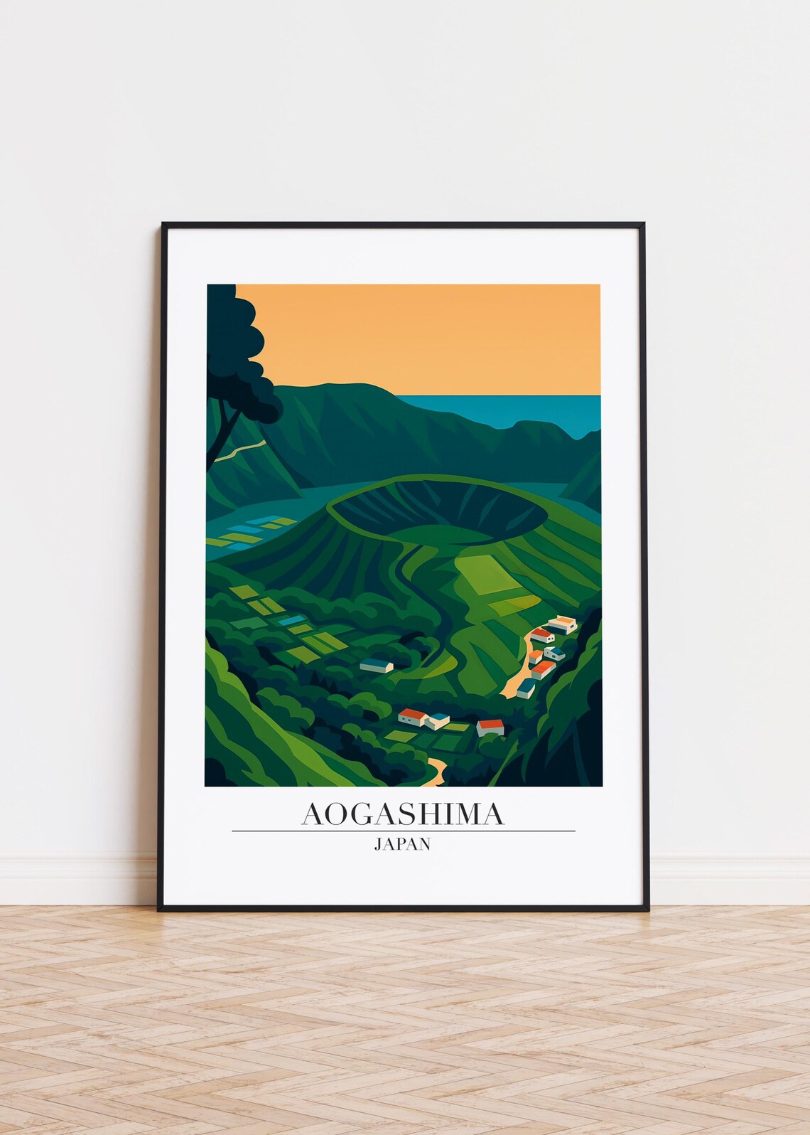 Aogashima Japan Volcanic Crater Island Village Modern Travel Poster