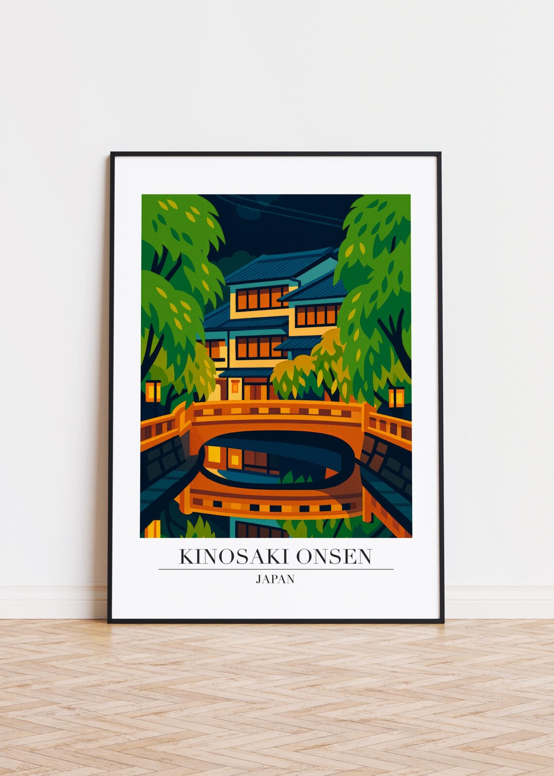 Kinosaki Onsen Japan Night Ryokan Bridge Scene Travel Art Poster