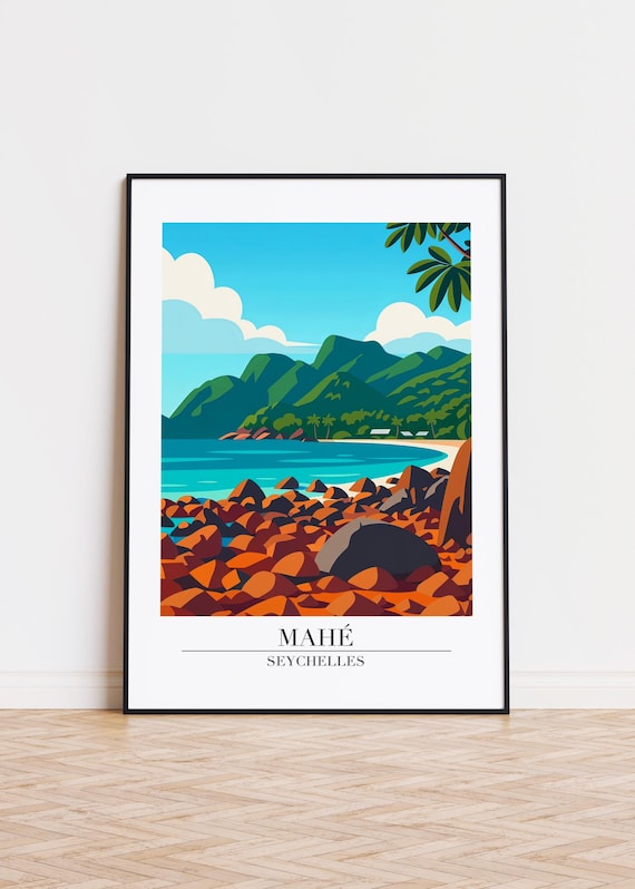 Mahe Seychelles Rocky Beach Mountain Bay Tropical Travel Poster