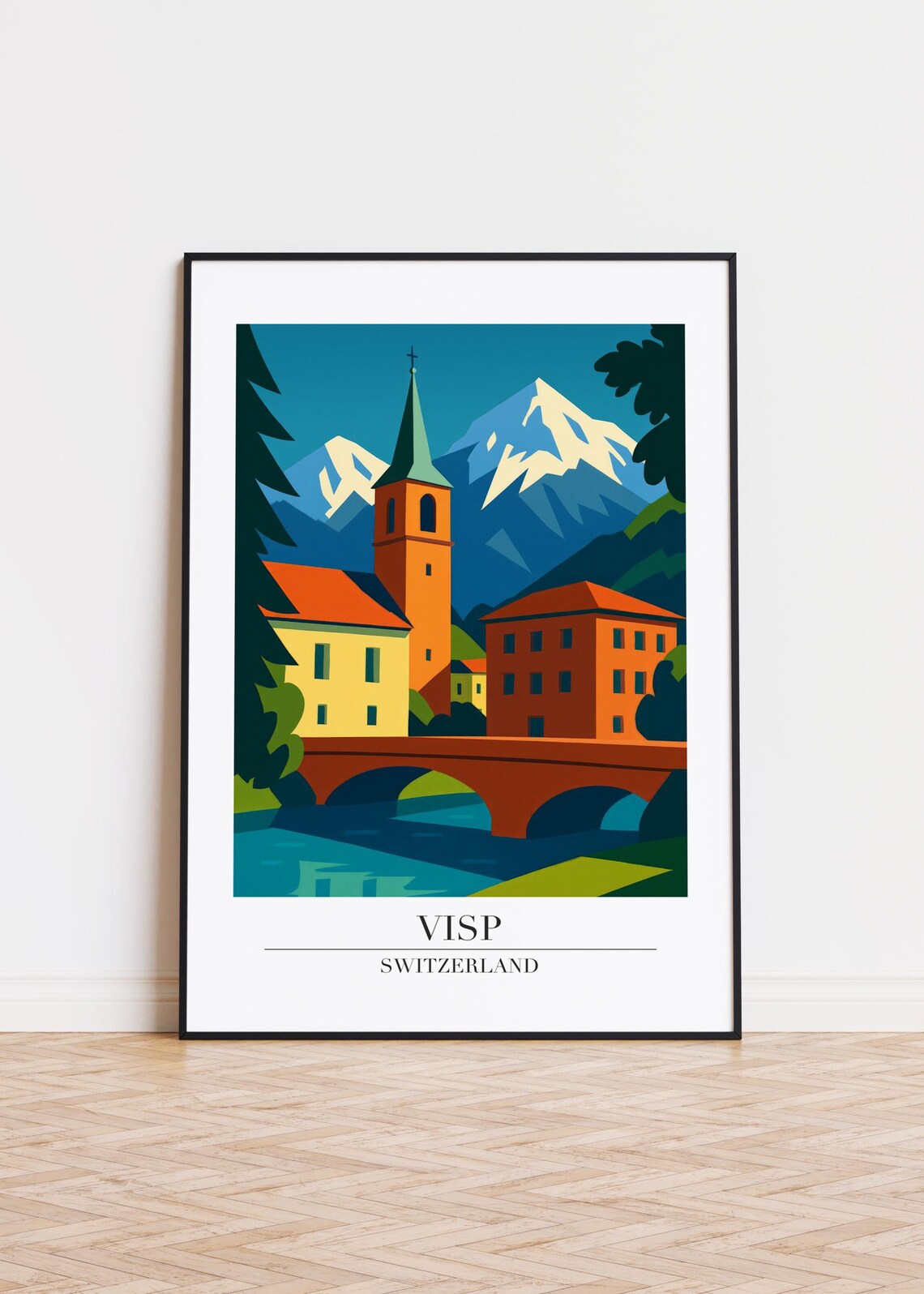 Visp Switzerland Church Bridge Alpine Peaks Vintage Travel Poster