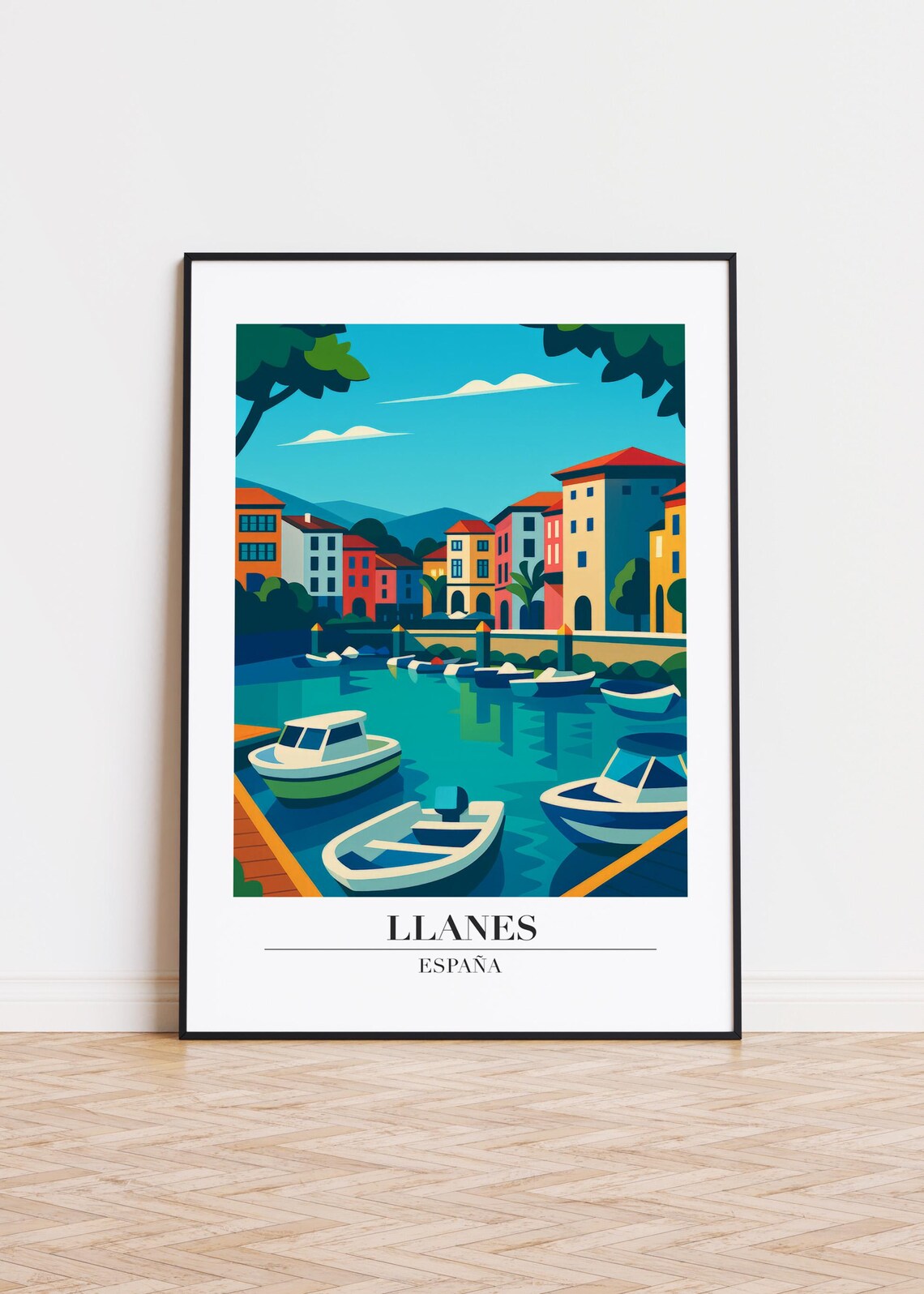Llanes Spain Colorful Harbor Boats Waterfront Illustration Poster