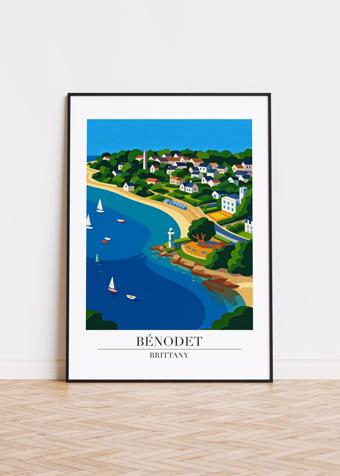 Benodet Brittany France Lighthouse Bay Sailboats Travel Poster