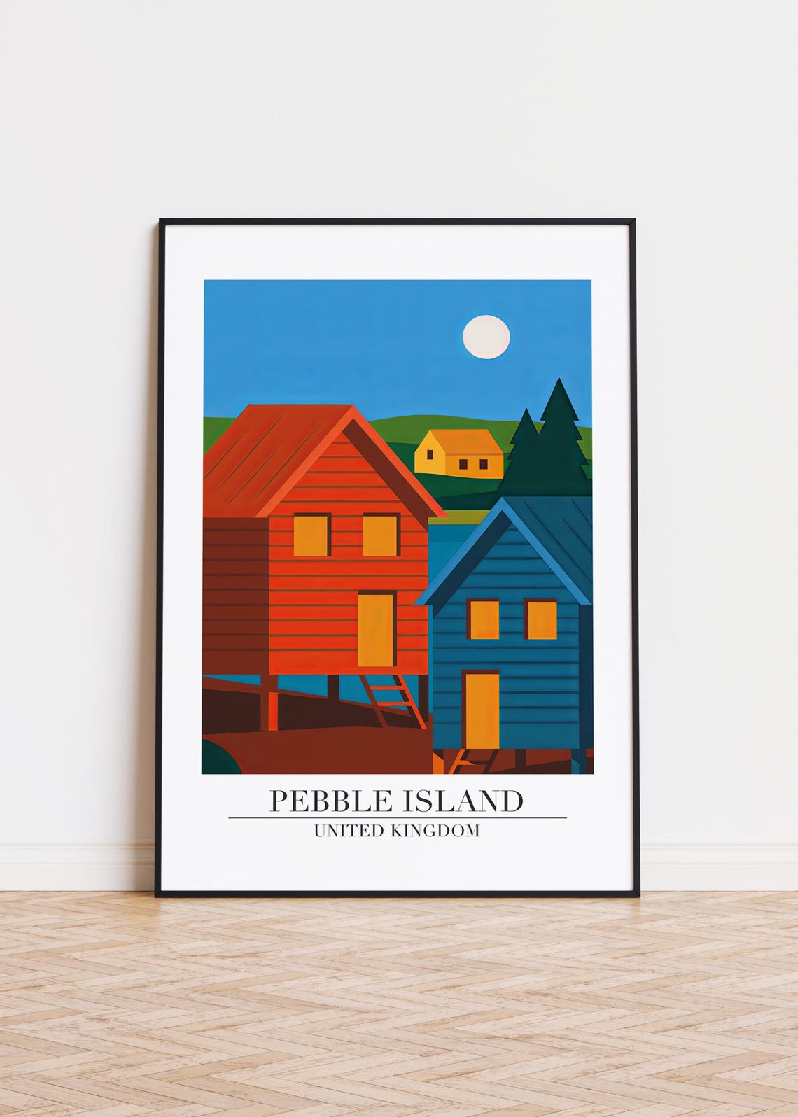 Pebble Island United Kingdom Colorful Stilt Huts Moonlight Poster