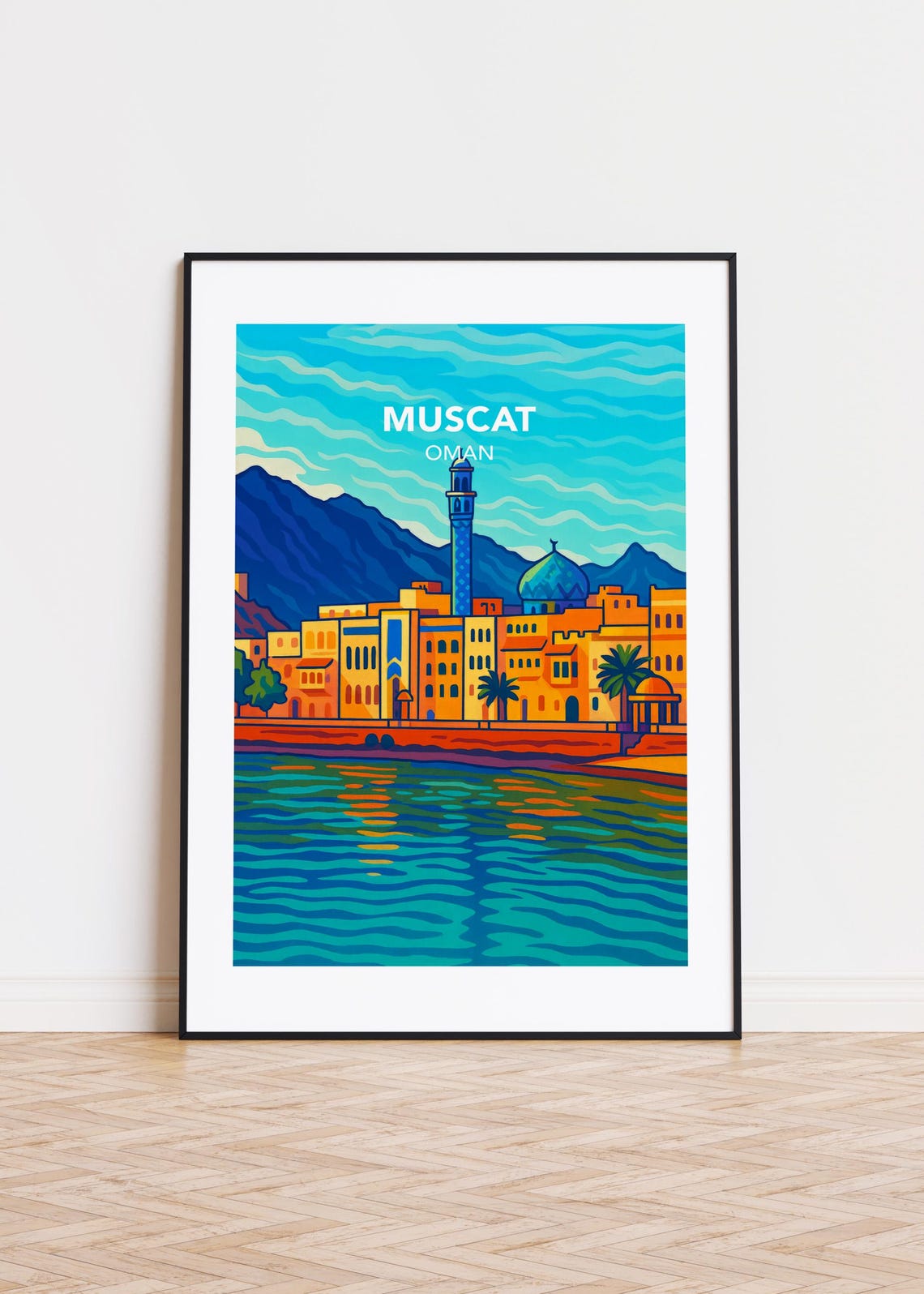 Muscat Oman Waterfront Mosque Minaret Mountains Sunset Poster Art