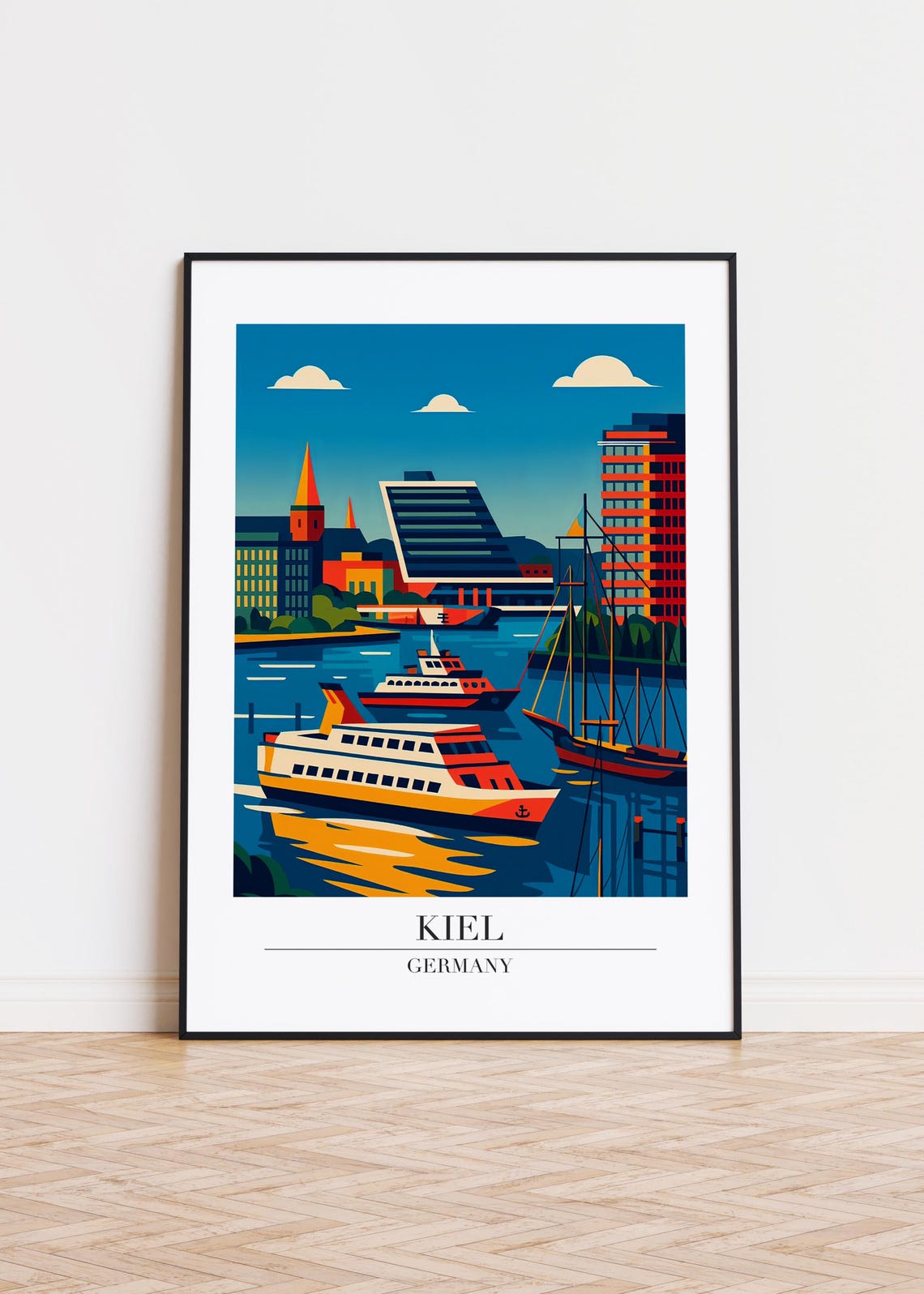 Kiel Germany Busy Harbor Ferry Ships Colorful Travel Art Poster