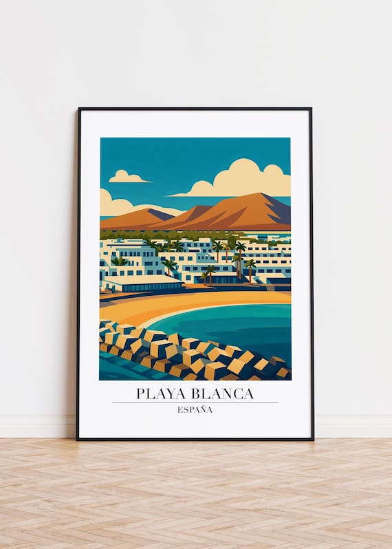 Playa Blanca Spain Poster White Town Harbor and Volcano Peaks