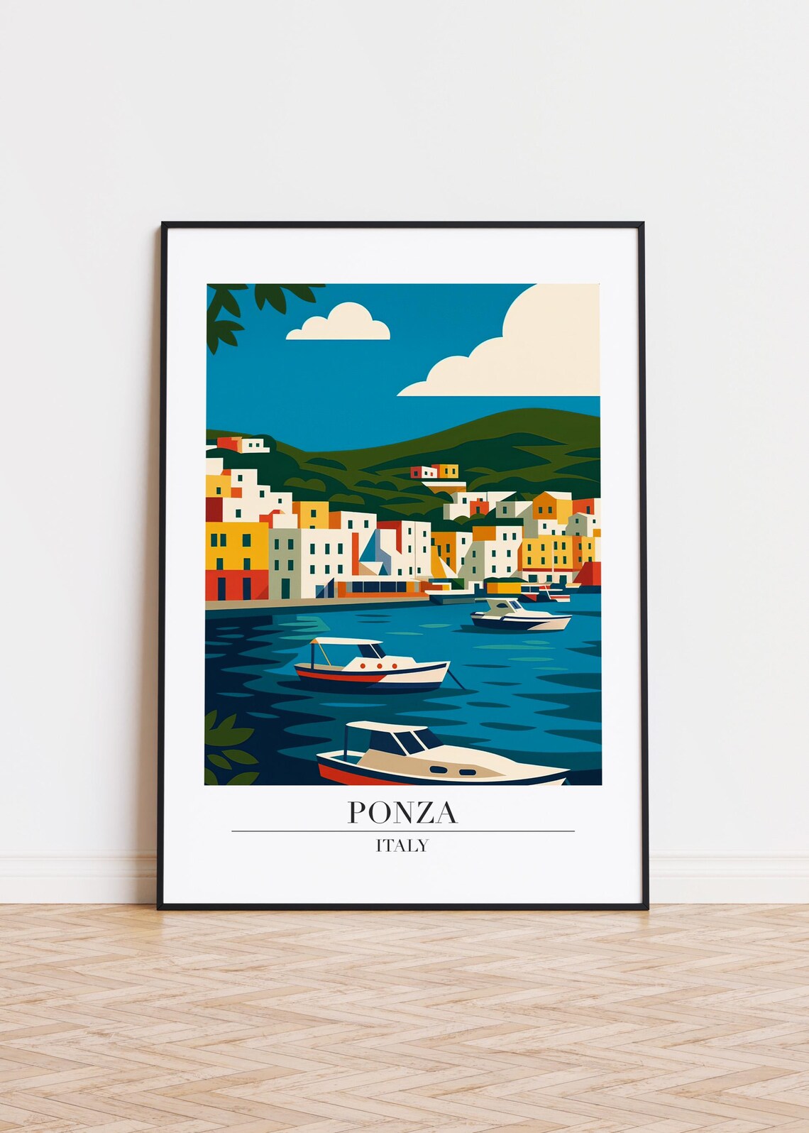 Ponza Italy Harbor Travel Poster Colorful Boats and Seaside Town View