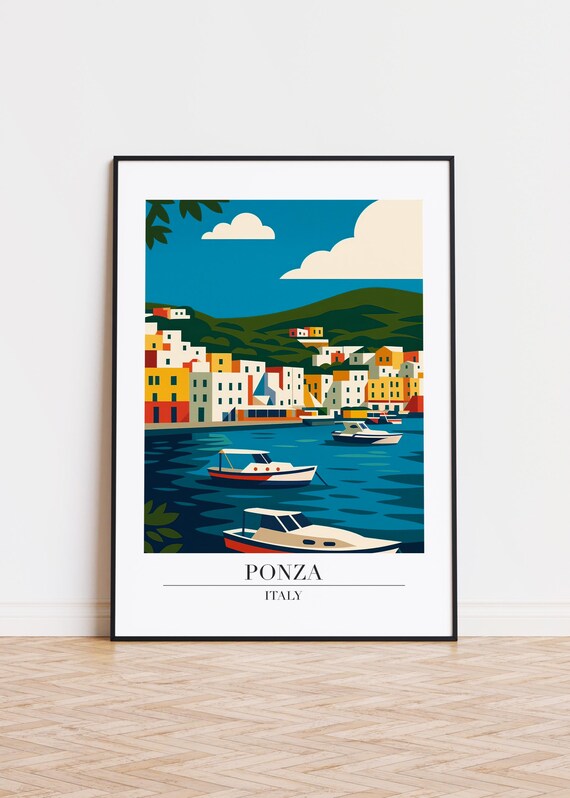 Ponza Italy Harbor Travel Poster Colorful Boats and Seaside Town View