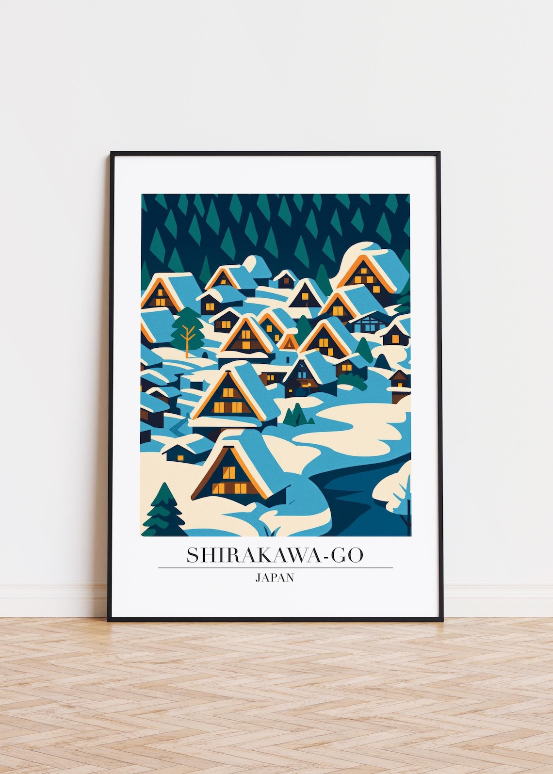 Shirakawago Japan Snowy Village Winter Night Travel Art Poster