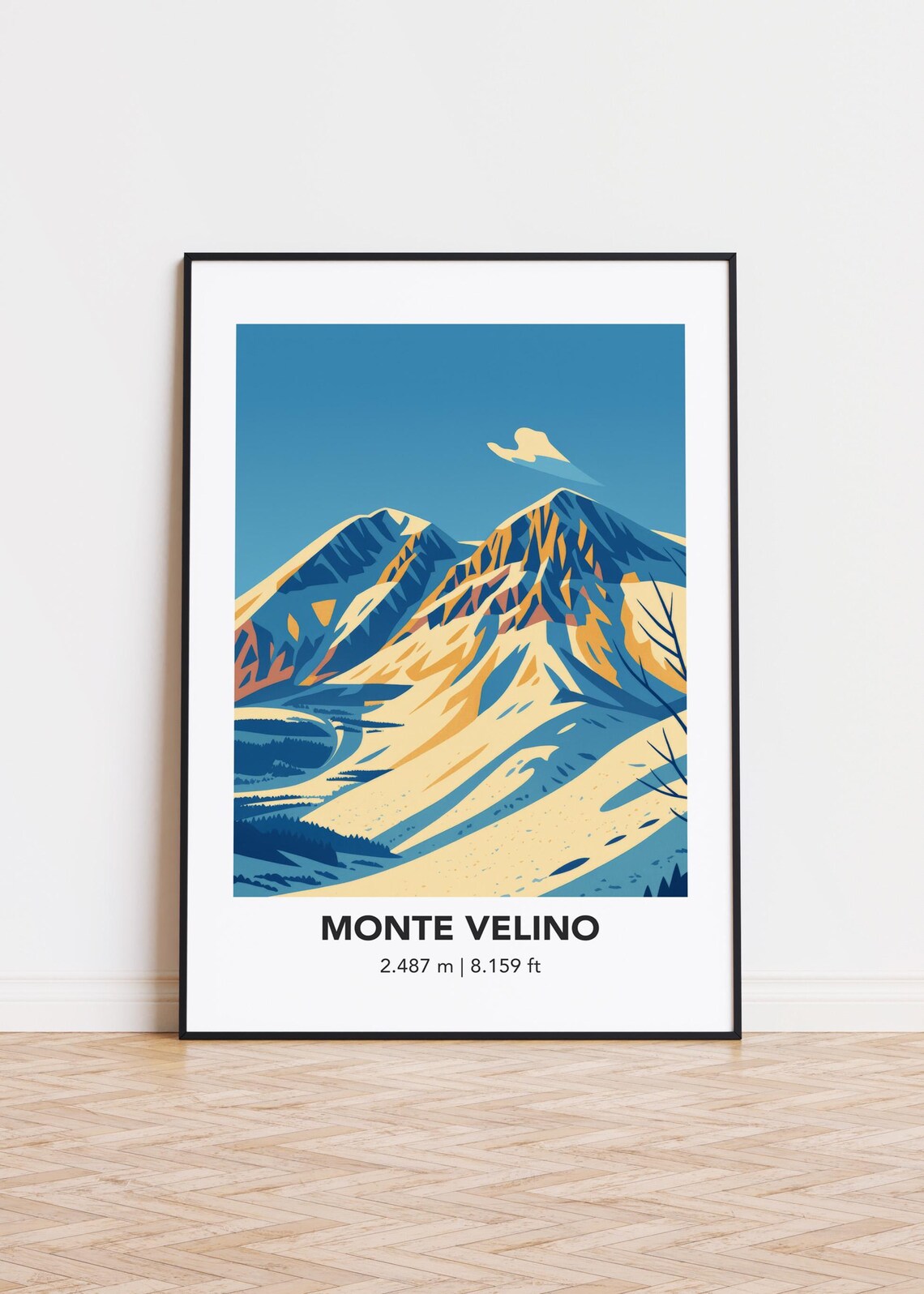 Monte Velino Snowy Peaks Minimalist Travel Poster Winter Alpine Art