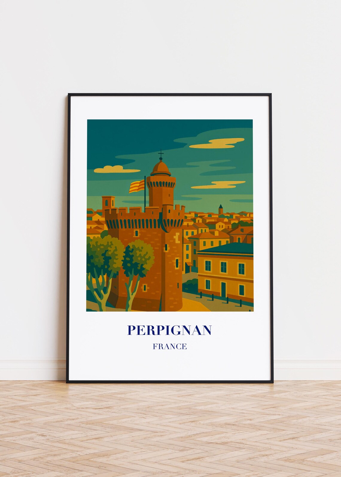 Perpignan France Travel Poster, Modern City Illustration