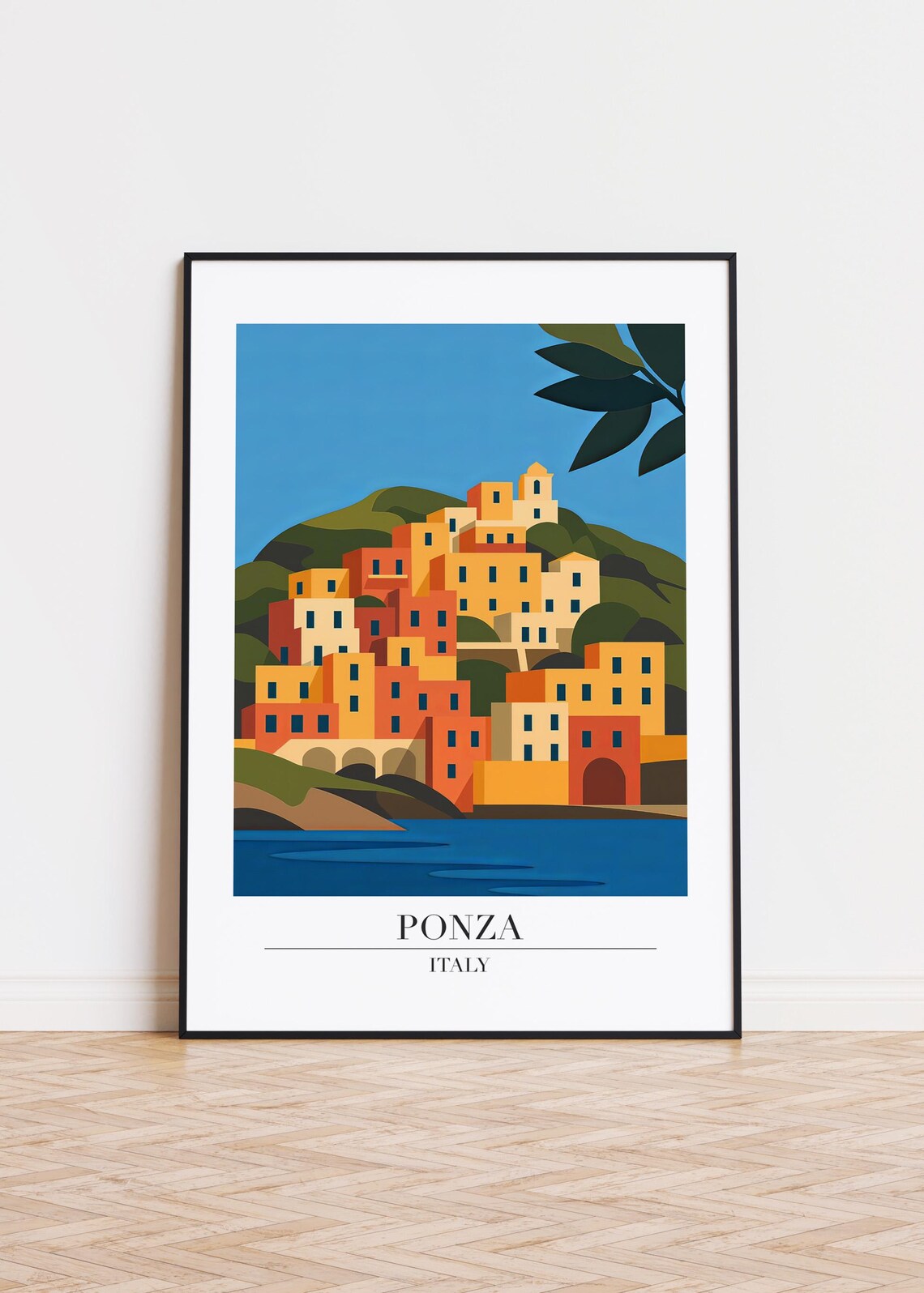 Ponza Italy Travel Poster Colorful Cliffside Town Above the Sea