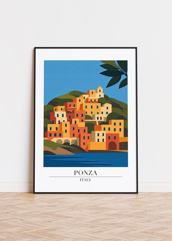 Ponza Italy Travel Poster Colorful Cliffside Town Above the Sea