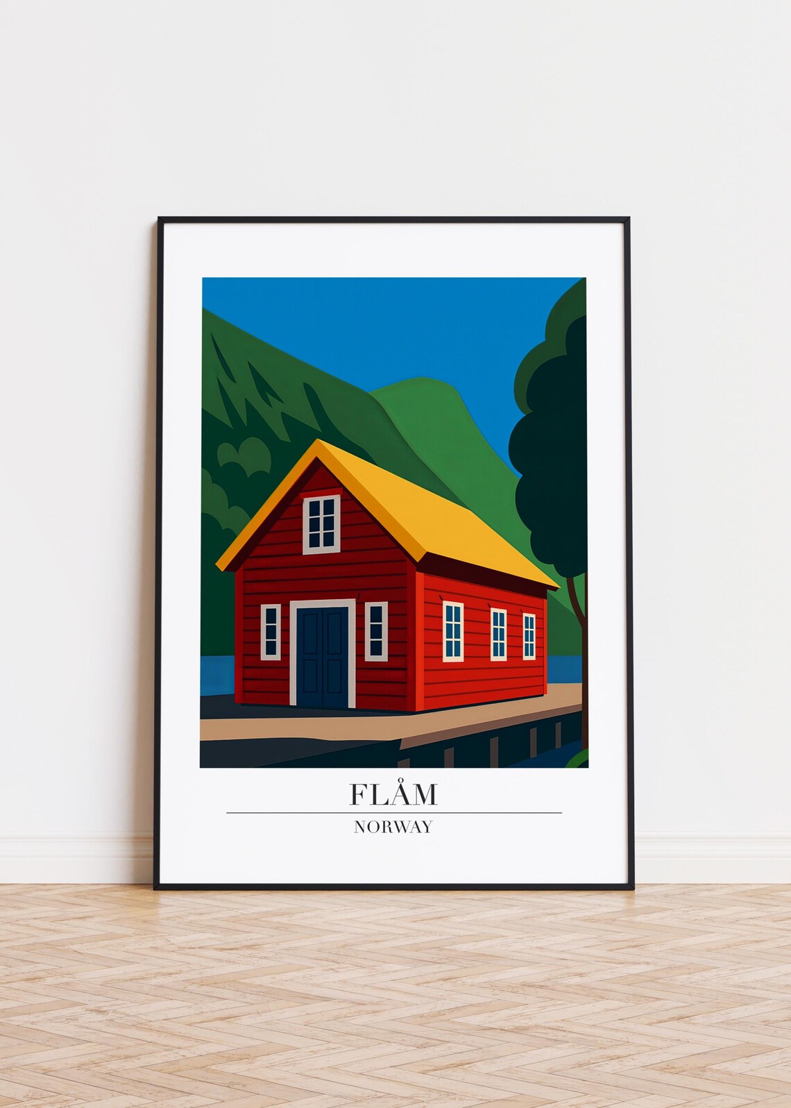 Flåm Norway Red Cabin by the Fjord Scandinavian Travel Poster