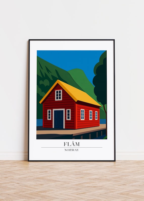 Flåm Norway Red Cabin by the Fjord Scandinavian Travel Poster