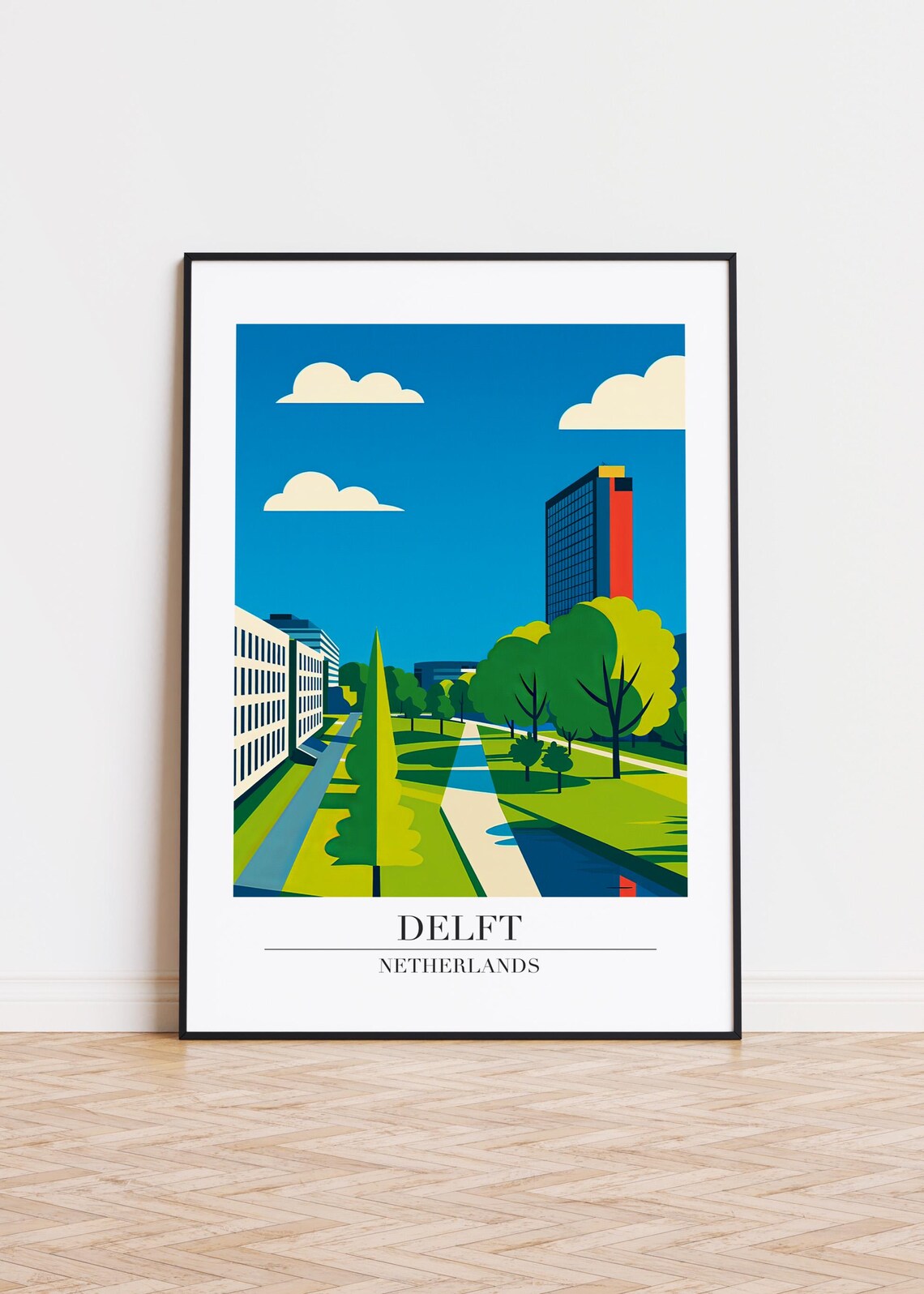 Delft Netherlands Travel Poster Green Park City Modern Illustration