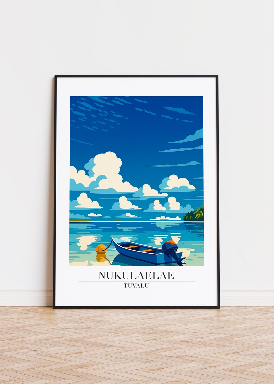 Nukulaelae Tuvalu Lagoon Boat Tranquil Island Travel Illustration Poster