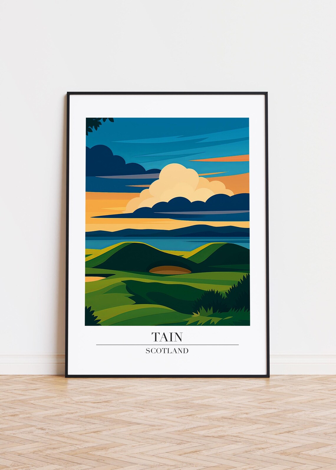 Tain Scotland Golf Course Sunset Green Hills Retro Travel Illustration Poster