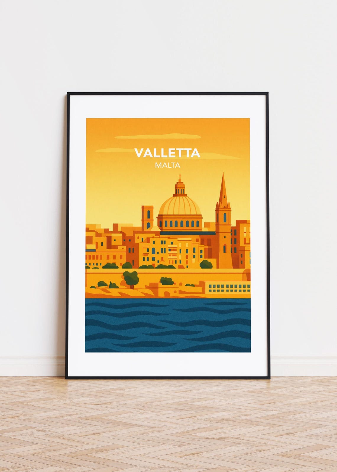 Valletta Malta Golden Harbor Dome Waterfront Vintage Travel Poster