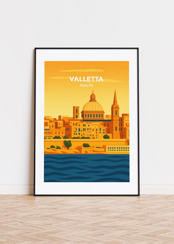 Valletta Malta Golden Harbor Dome Waterfront Vintage Travel Poster