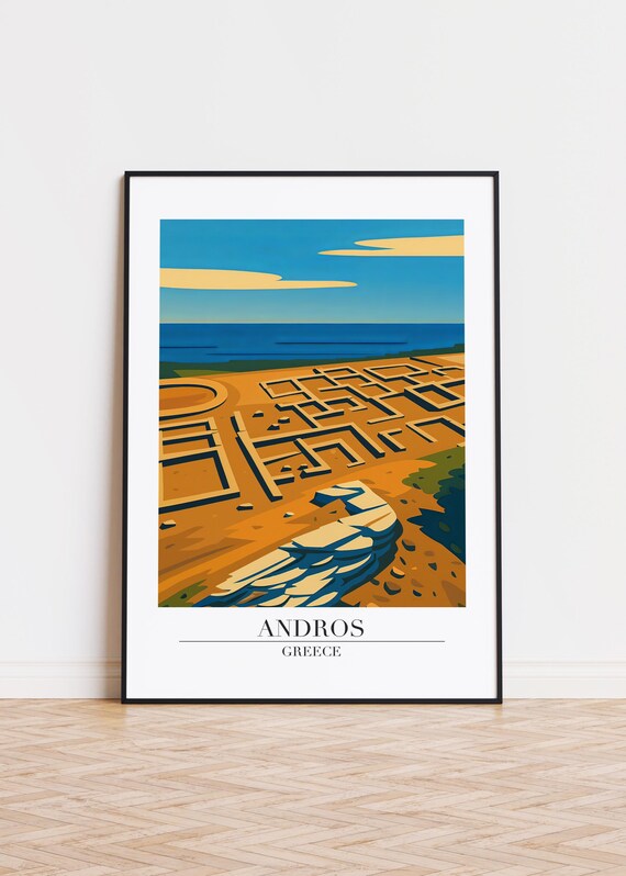 Andros Greece Ancient Seaside Ruins Stone Walls Retro Travel Poster