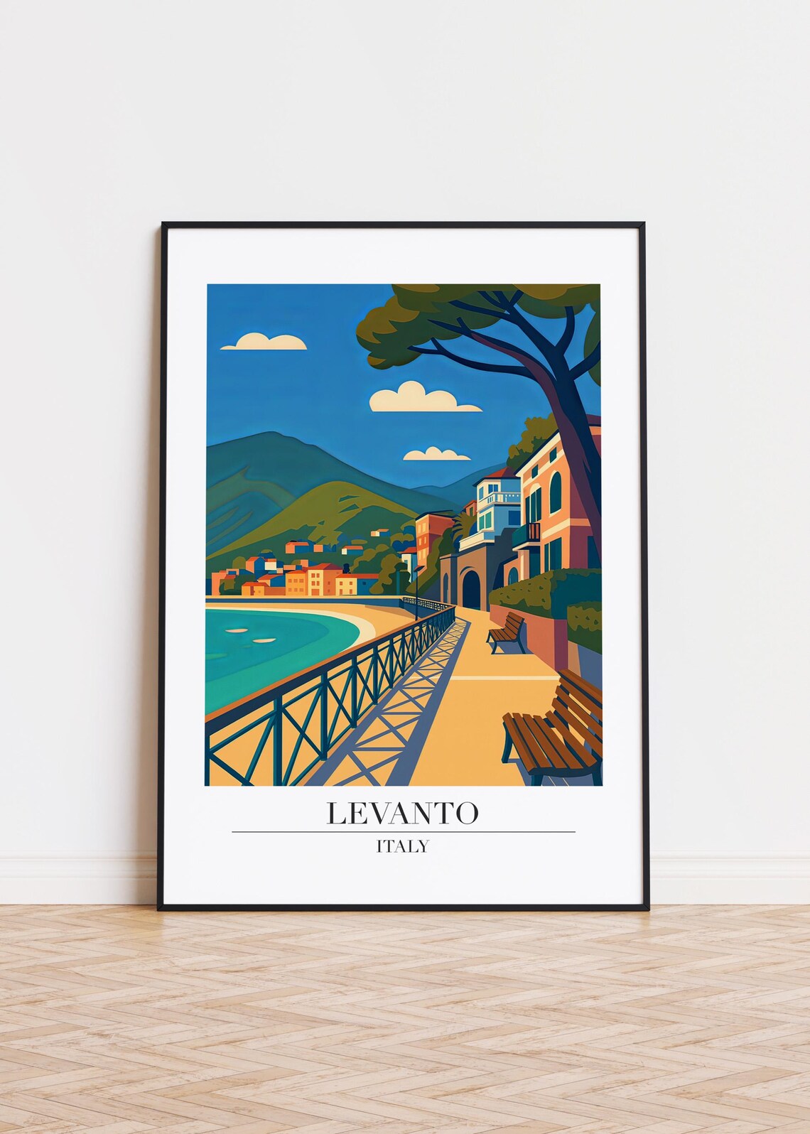 Levanto Italy Seaside Promenade Sandy Beach Retro Riviera Travel Poster Art
