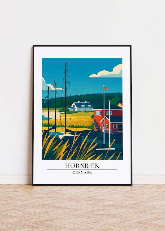 Hornbaek Denmark Harbor Sailboats Modern Illustration Travel Poster