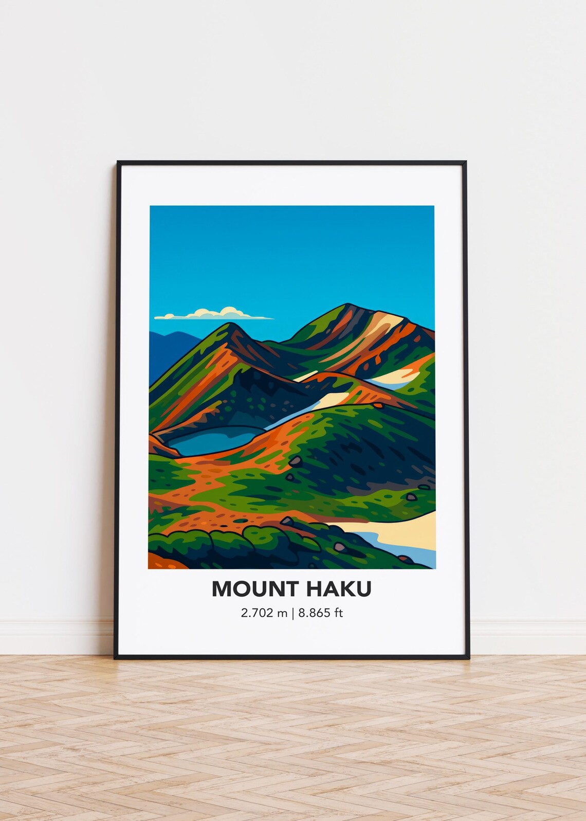 Mount Haku Crater Lake Minimalist Travel Poster Colorful Peak Art