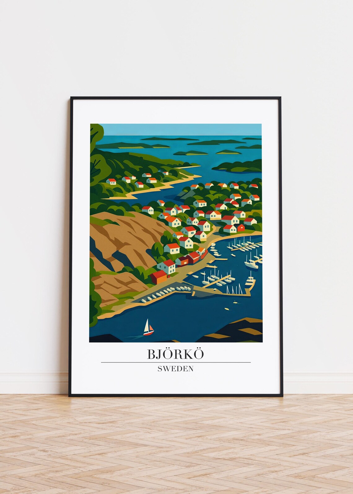 Björkö Sweden Travel Poster Coastal Village Harbor Sailboats Artwork