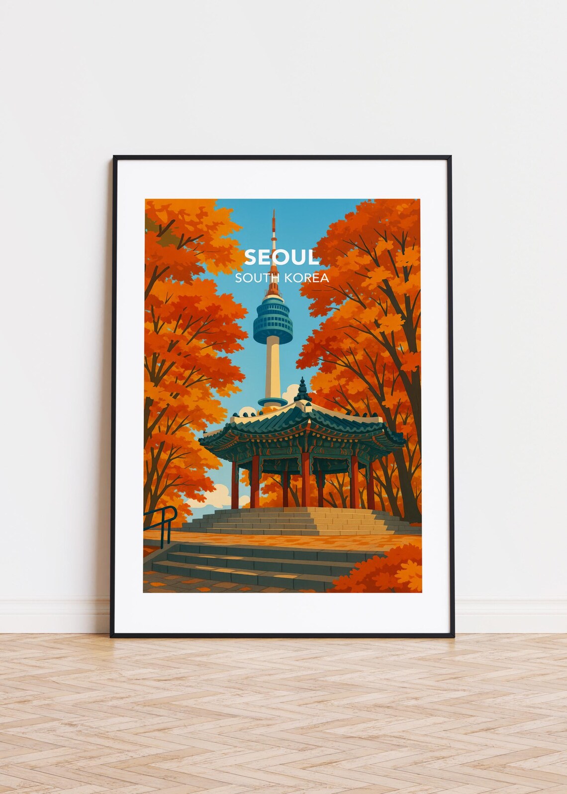 Seoul South Korea Golden Autumn N Seoul Tower Pavilion Travel Poster