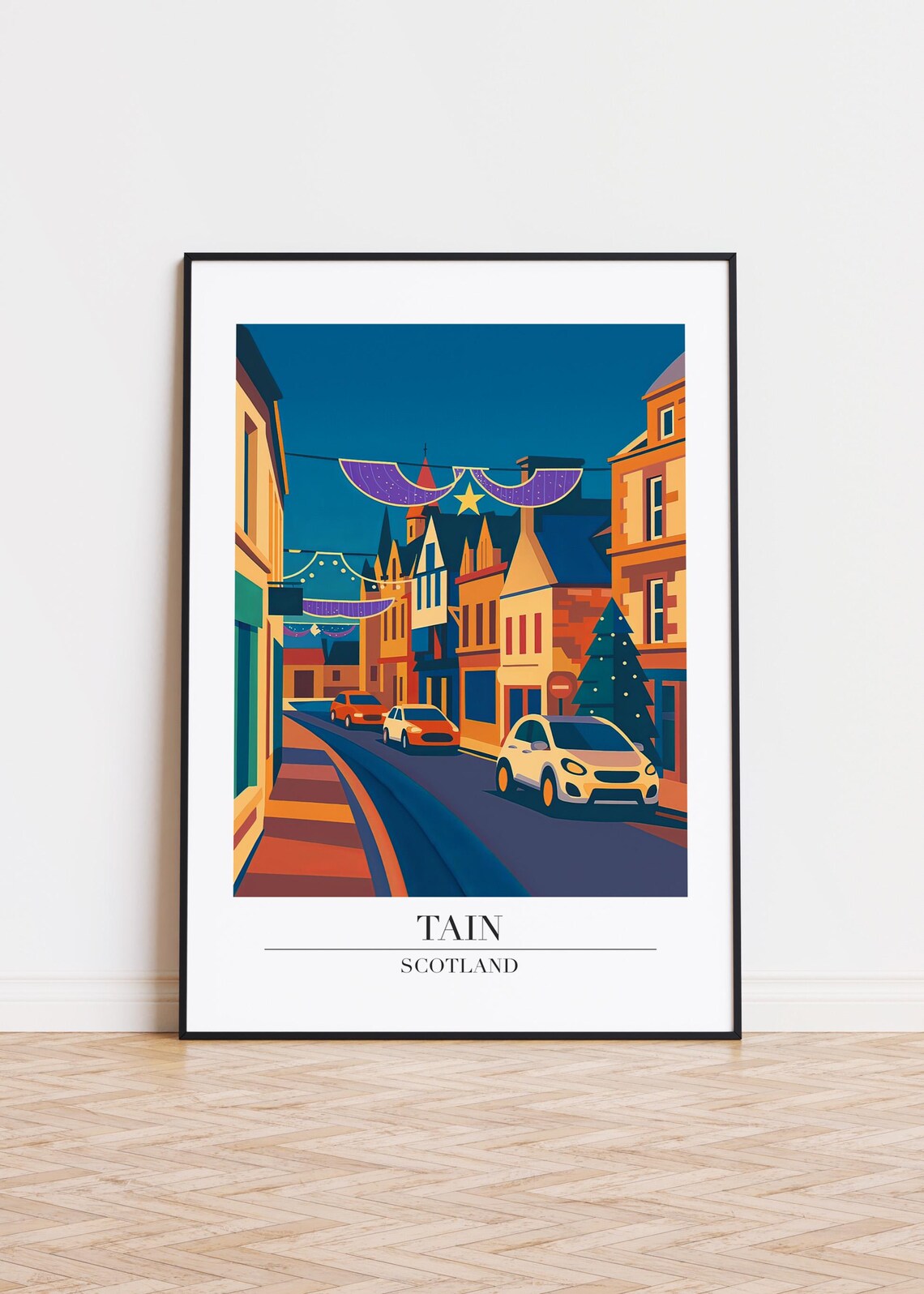 Tain Scotland Festive Christmas Street Lights Retro Travel Illustration Poster