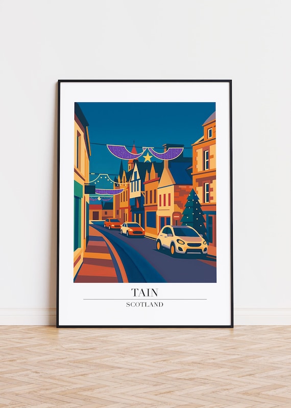 Tain Scotland Festive Christmas Street Lights Retro Travel Illustration Poster