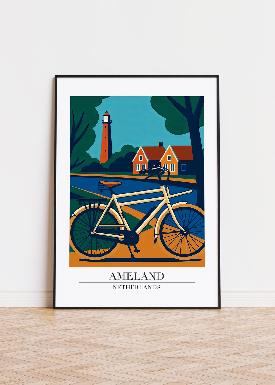 Ameland Netherlands Bicycle and Lighthouse Vintage Travel Poster